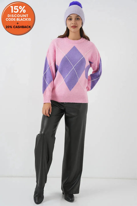 Big Dart Women's Pink & Lilac Oversized Diamond Patterned Knitwear Sweater | Big Dart In Lebanon
