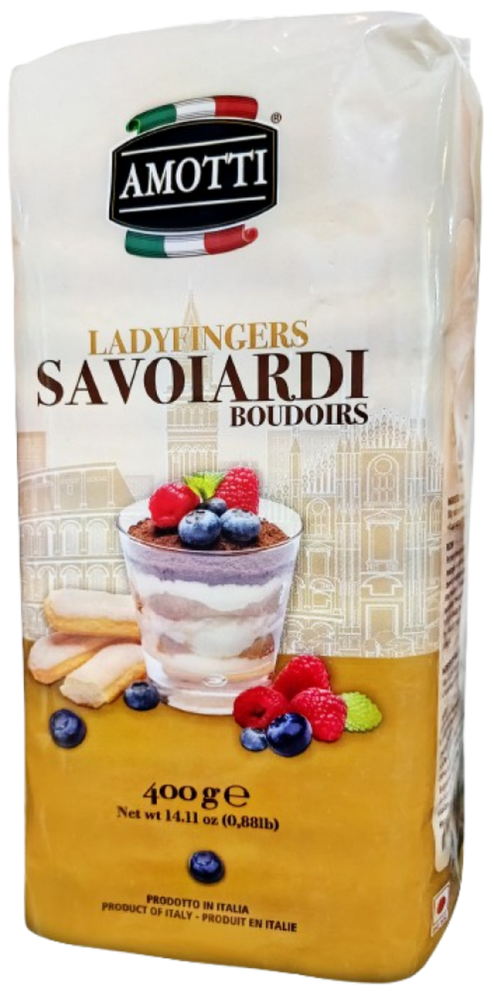 Bag of Amotti Ladyfingers Savoiardi with a dessert illustration on a white background