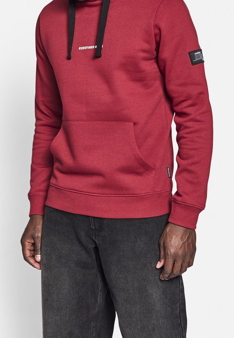 Red hoodie with black accents on a white background
