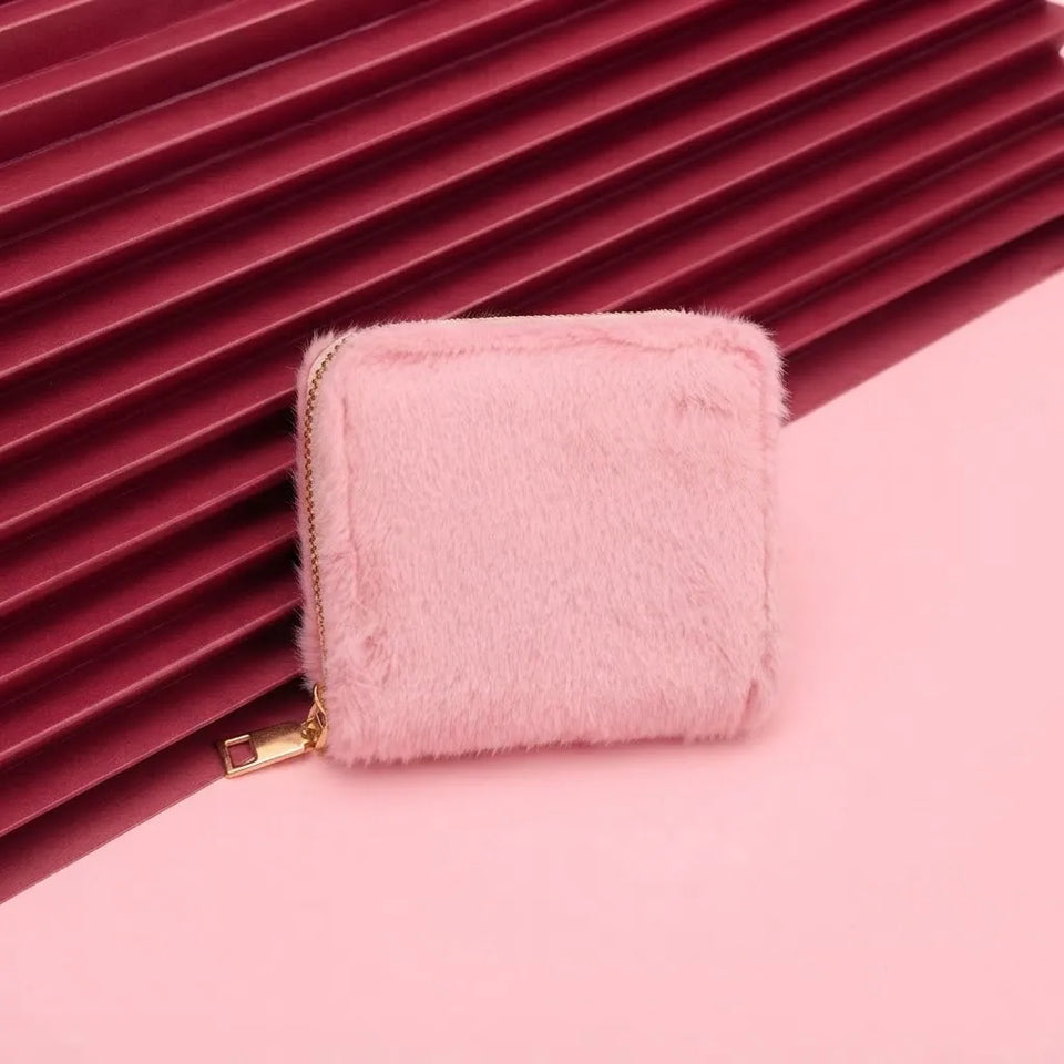Sinsay Women's Light Pink Plush Faux Fur Zip-Around Mini Wallet