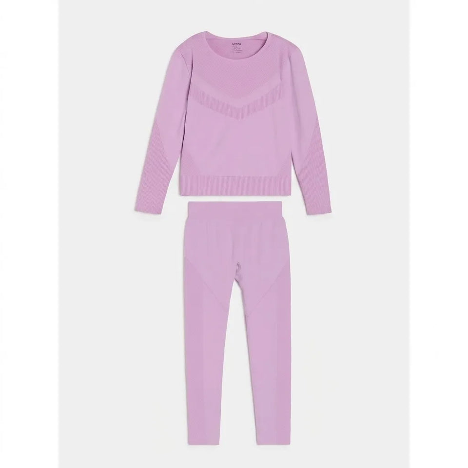 A two-piece children's knit loungewear set in light purple, featuring a long-sleeve crewneck top with a subtle chevron pattern on the chest and matching high-waisted leggings, displayed on a light gray background.