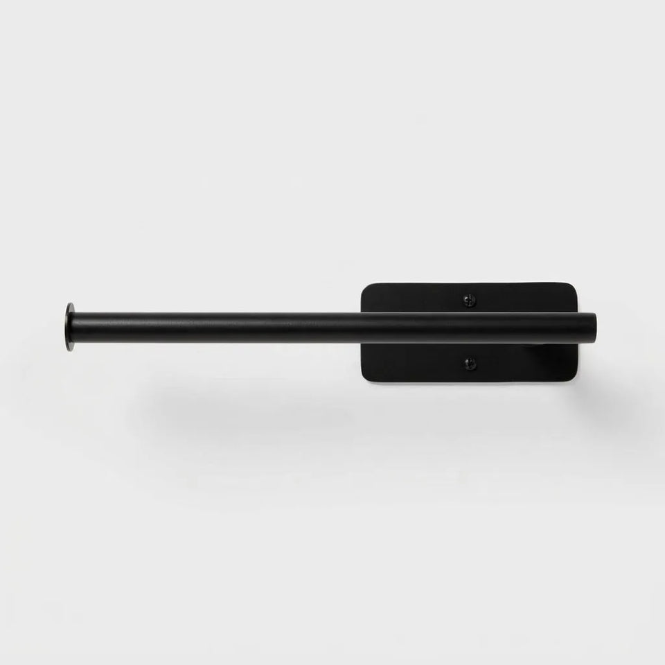 Black metal towel bar on a white background