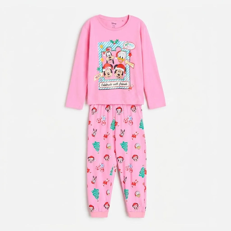 A two-piece children's pajama set in pink, featuring a long-sleeve top with a colorful Mickey Mouse and friends graphic, and matching pants with a festive cartoon print.
