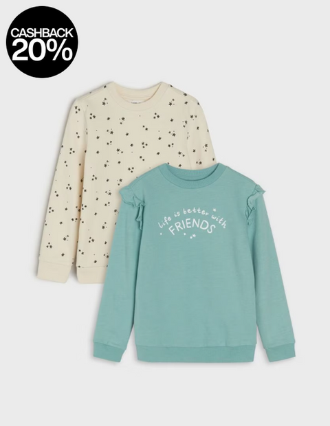 Two girl's blouses, one with a polka dot pattern and the other in solid color with text design.