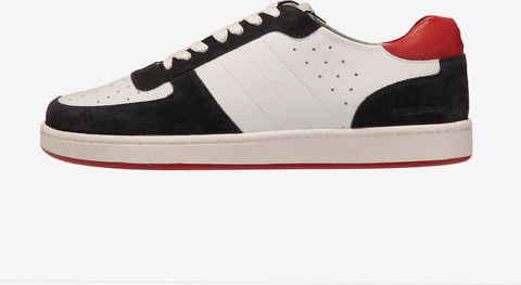 Black and white sneaker with red accents on a white background