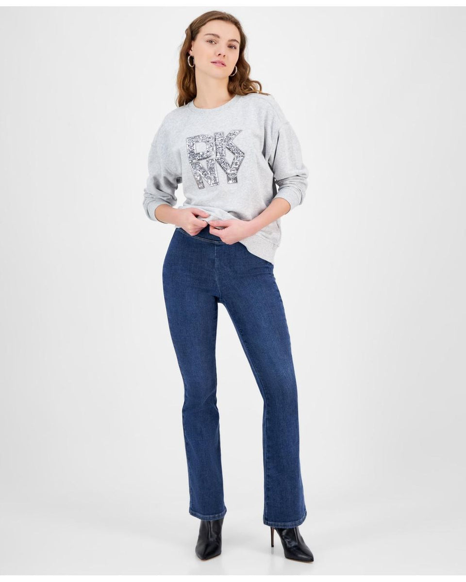 DKNY Jeans Women's Dark Blue Petite High-Rise Pull-On Flare Jeans | DKNY In Lebanon