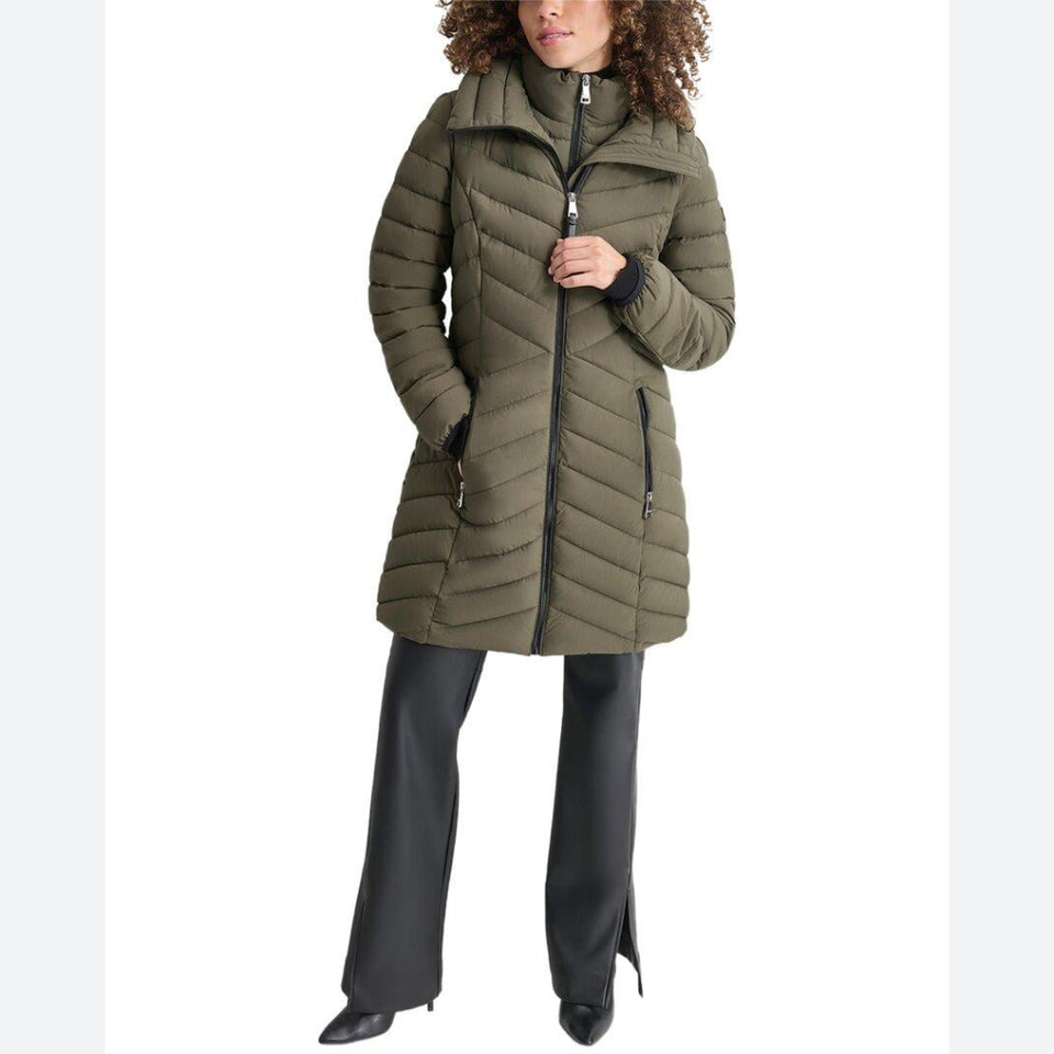 DKNY Women's Olive Green Hooded Long Puffer Jacket