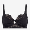 A black wireless bra with lace cups and adjustable shoulder straps, shown against a plain light gray background.