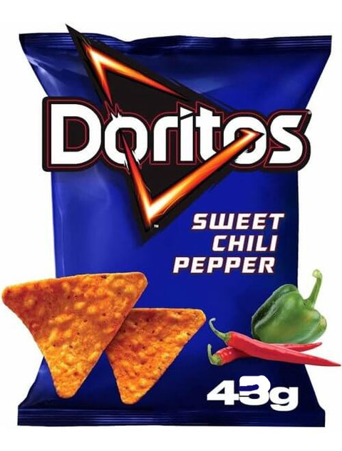Doritos Sweet Chili Pepper chips packaging with tortilla chips and peppers on a blue background