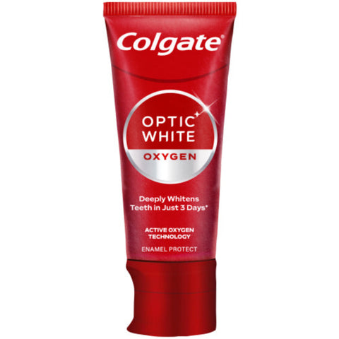 Red Colgate Optic White Oxygen toothpaste tube on a white background