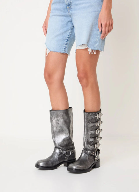 Steve Madden Women's Silver Leather Battle Boots | Steve Madden In Lebanon
