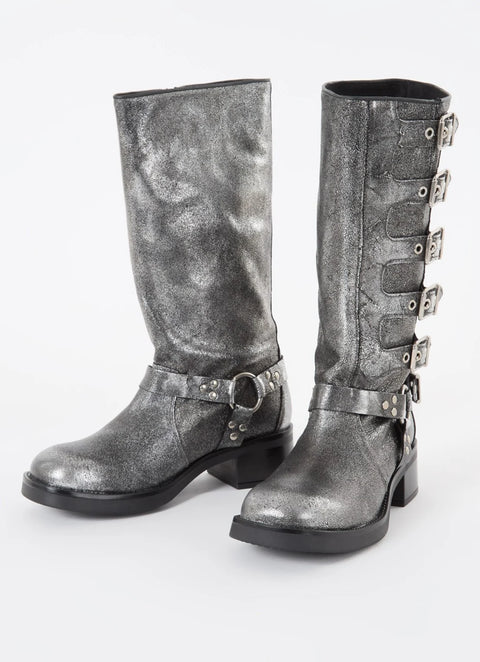 Steve Madden Women's Silver Leather Battle Boots | Steve Madden In Lebanon