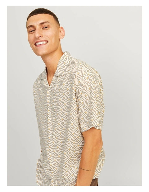 Jack & Jones Men's Beige Geometric Diamond Print Short-Sleeve Shirt | Jack & Jones in Lebanon