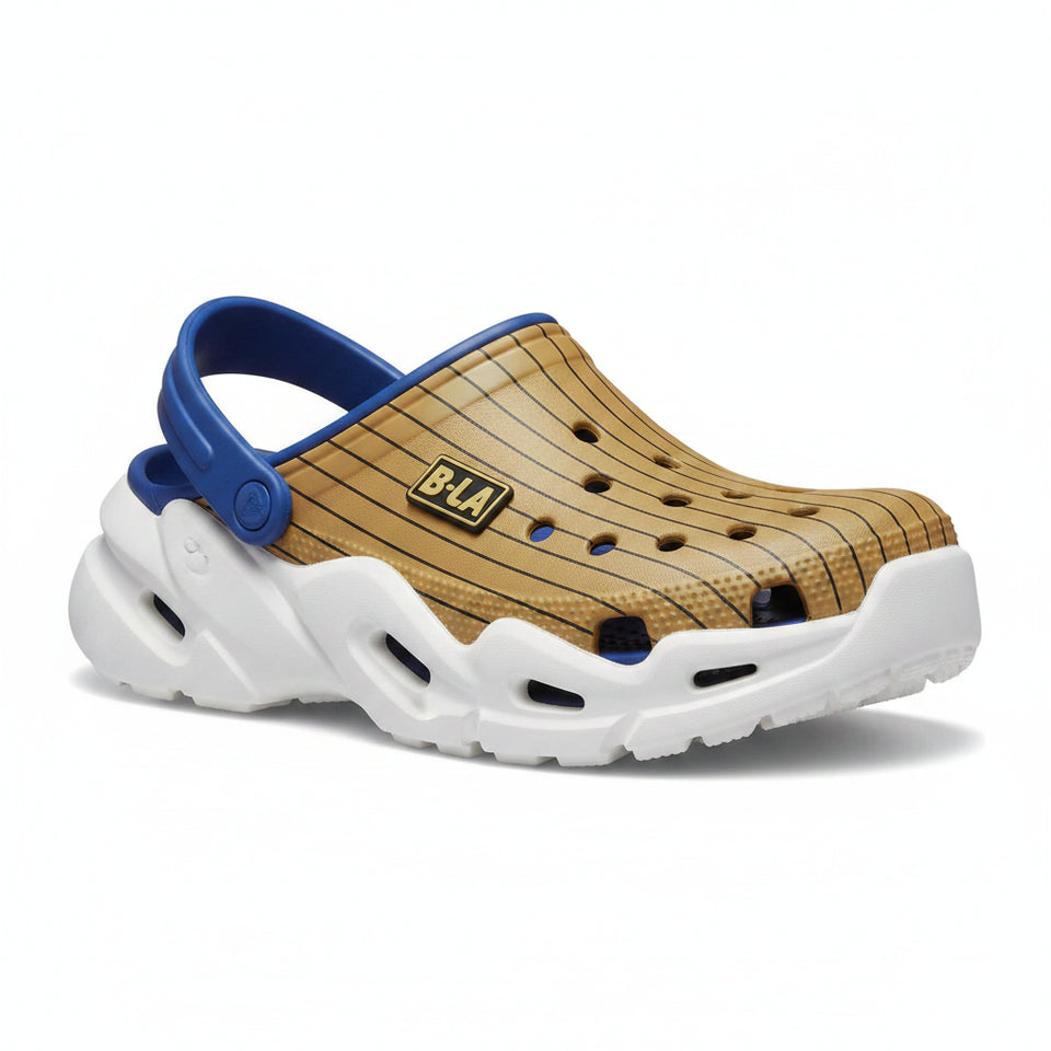 Sandal with blue strap and beige sole on a white background