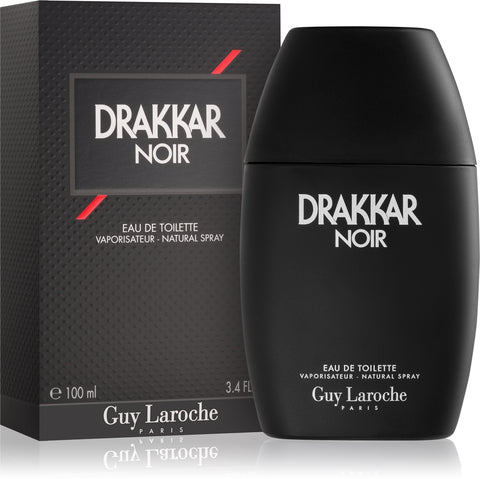 Drakkar Noir perfume bottle and packaging by Guy Laroche on a white background