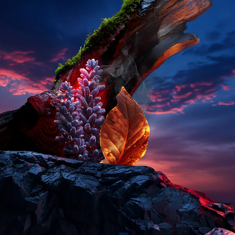 Close-up of a plant on a rock with a colorful sky in the background