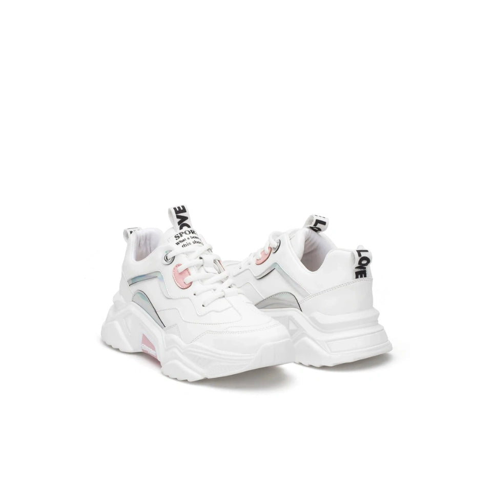 A pair of chunky white platform sneakers with light pink and silver accents, shown from a three-quarters angle on a white background.