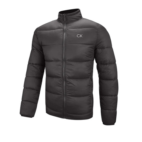 Black puffer jacket with a brand logo on a white background