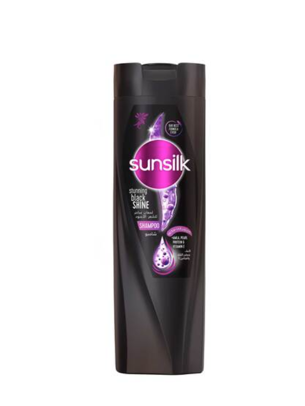 A bottle of Sunsilk Stunning Black Shine Shampoo 350ml with a predominantly black and purple label.