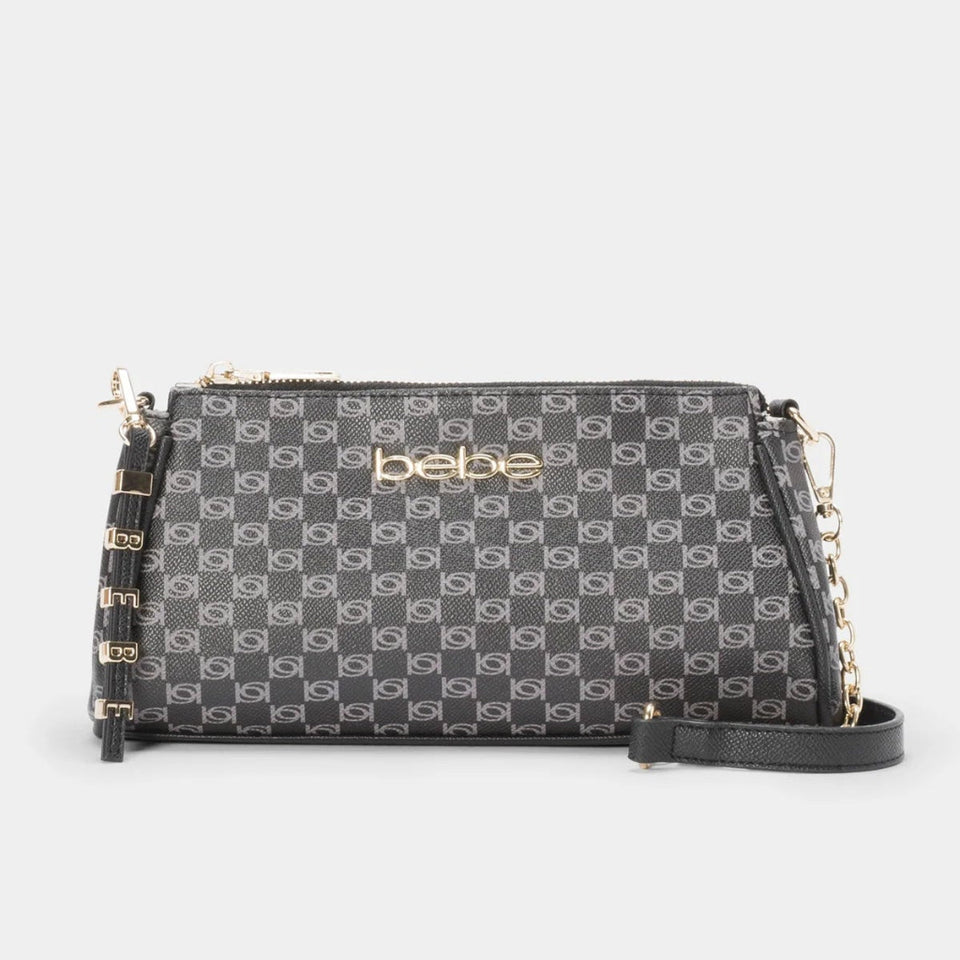 A black and gray monogrammed crossbody bag with gold-tone hardware and a black leather strap, displayed against a light gray background.