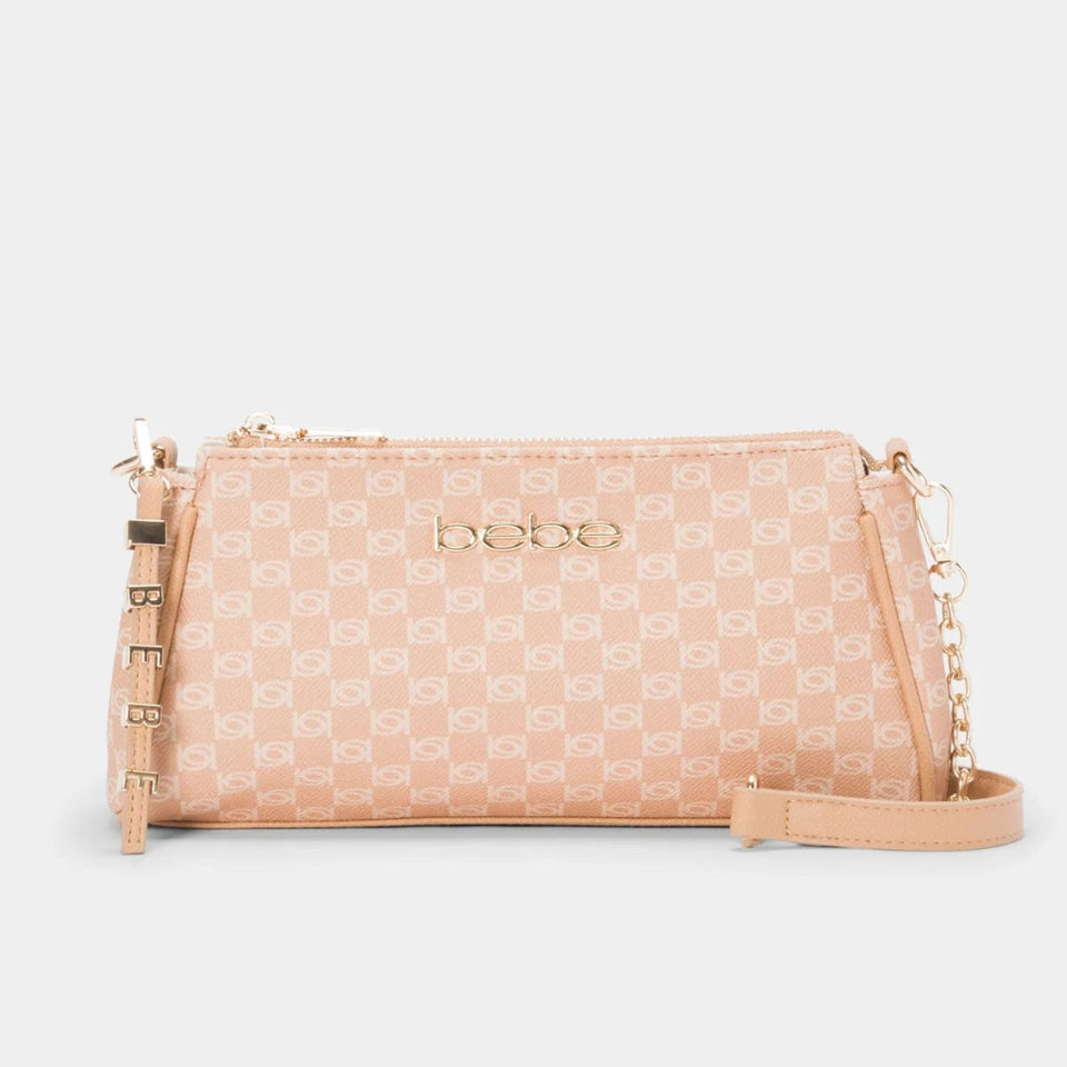 A light pink and beige checkered crossbody bag with a gold-tone chain strap and a tassel charm, shown against a light gray background.
