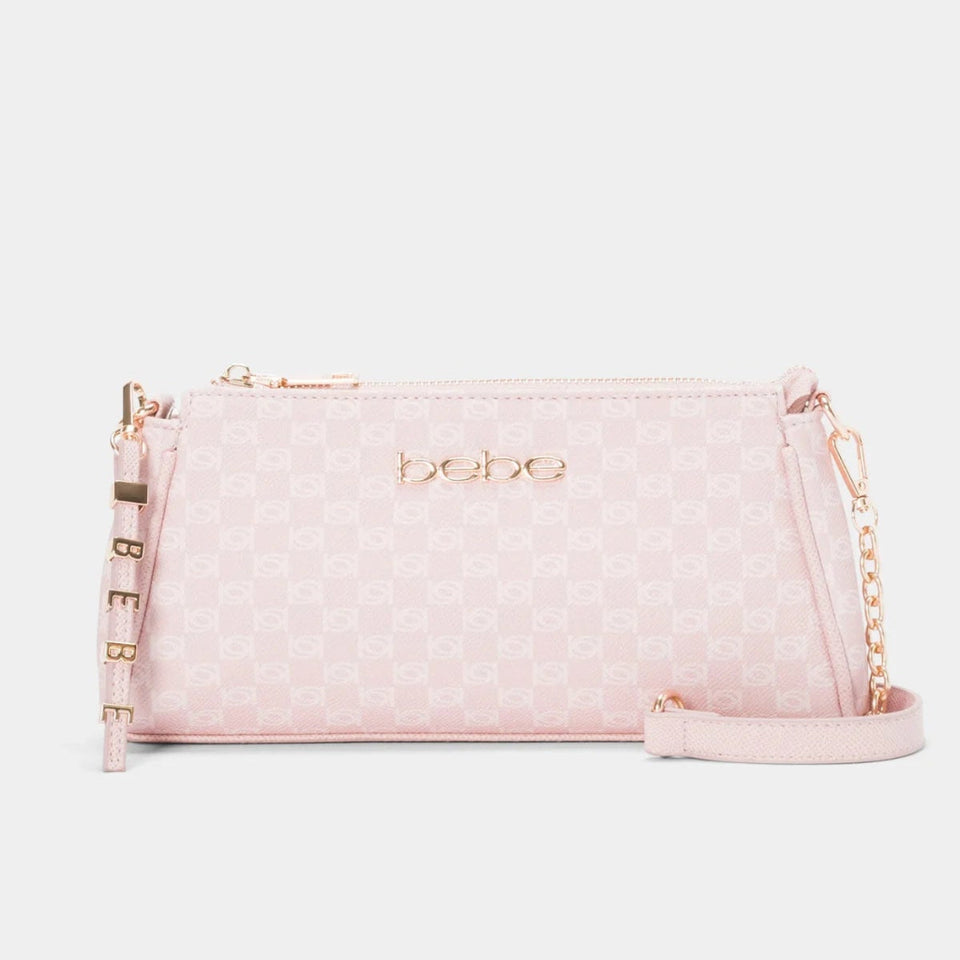 A light pink monogrammed crossbody bag with gold-tone hardware and a chain strap, displayed against a solid off-white background.