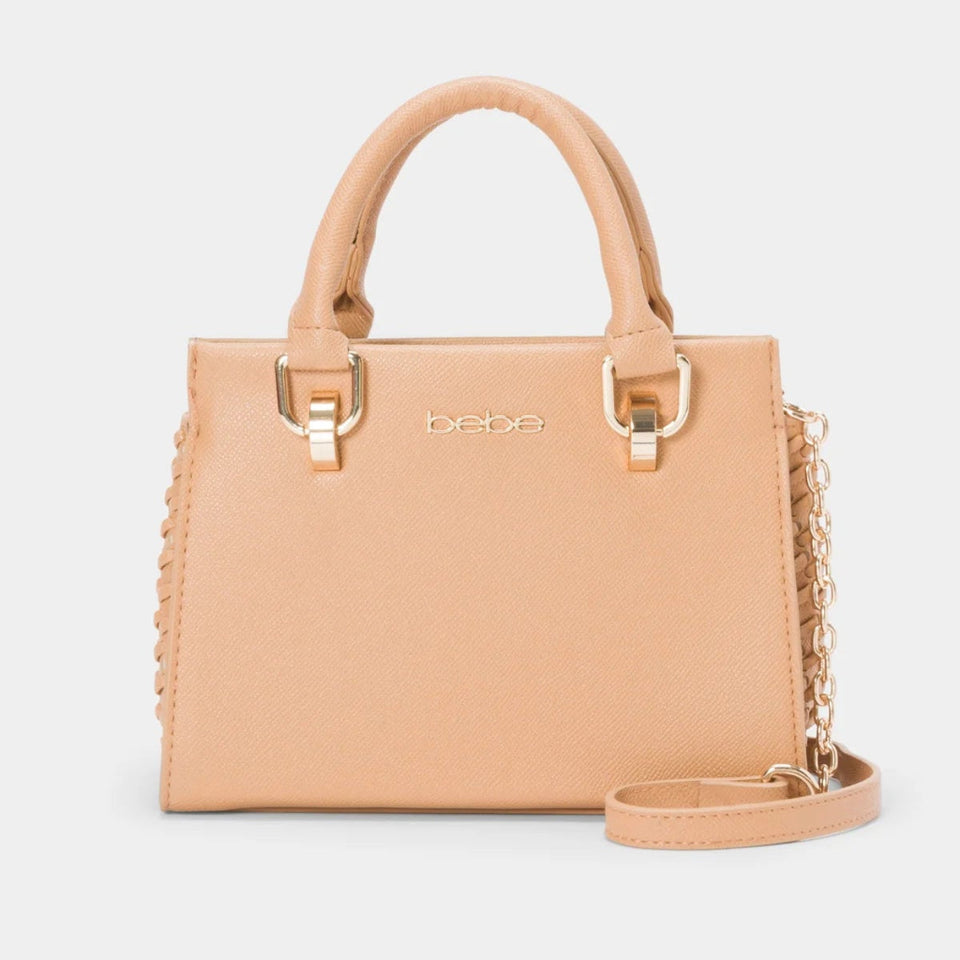 Beige handbag with gold chain detail on a light gray background