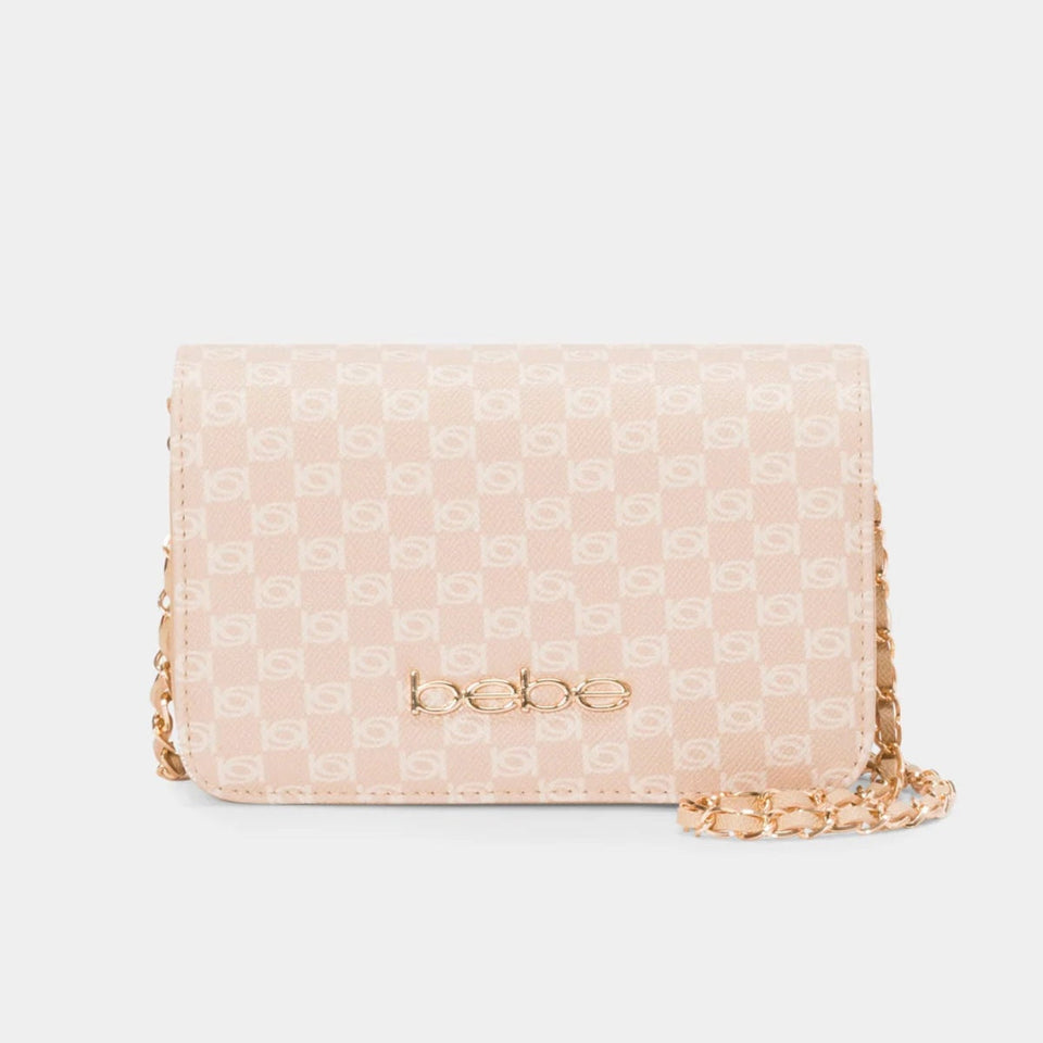 A light pink and white monogrammed shoulder bag with a gold-tone 'baba' logo on the front, displayed against a light gray background.