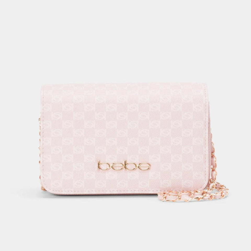 A light pink crossbody bag with a subtle repeating monogram pattern, featuring a gold-tone 'bobo' logo on the front and a matching chain strap, set against a plain light gray background.
