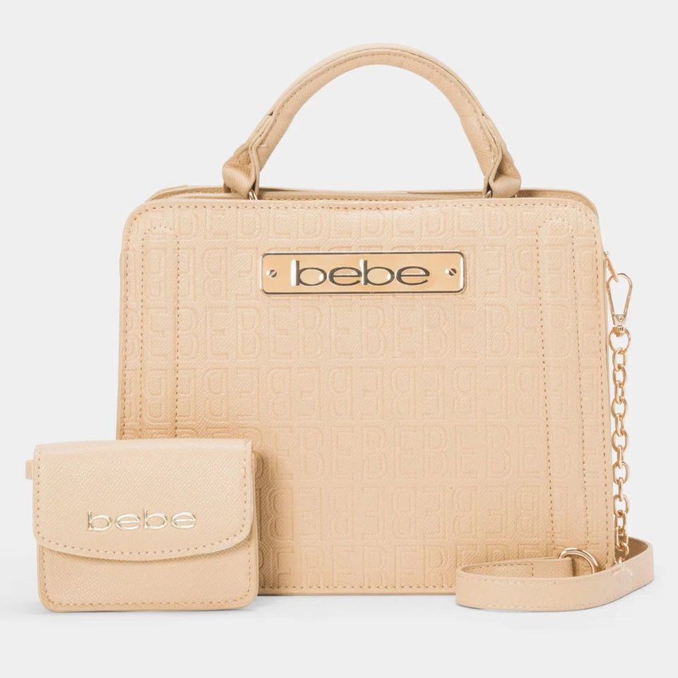 Beige faux-croc textured handbag set with a top handle, shoulder strap, and matching small wallet, featuring a gold-tone 'bebe' logo plaque on the front.