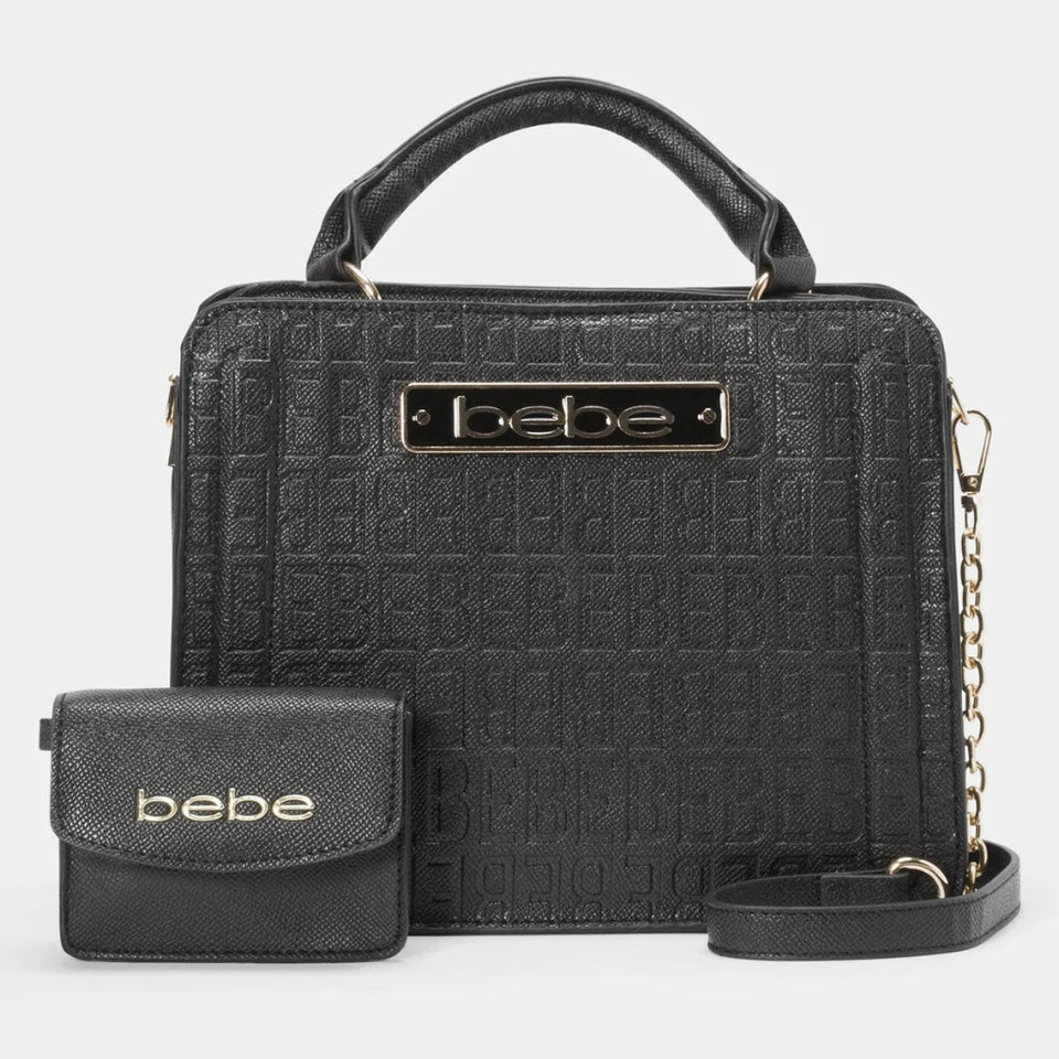 Black embossed leather handbag set with a top handle, gold-tone logo plate reading 'bebe', and a matching small wallet, shown on a light gray background.