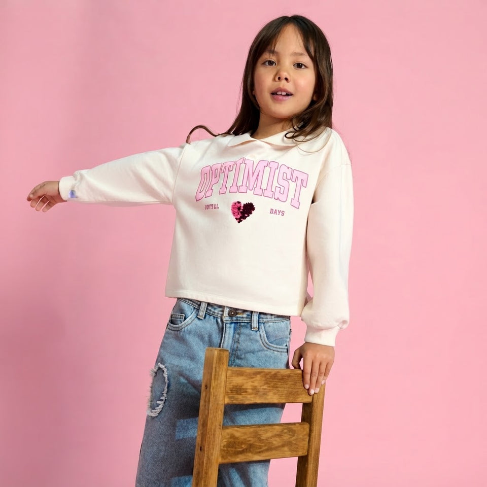 Sinsay Girl's Beige Long Sleeve Graphic Printed Sweatshirt