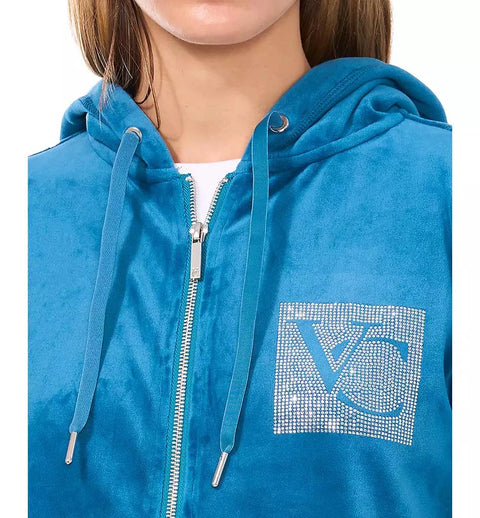Vince Camuto Women's Teal Velour Rhinestone-Logo Hoodie|Vince Camuto In Lebanon