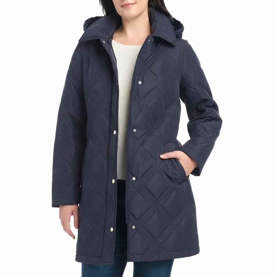 Jones New York Women's Navy Quilt Hood Tie Belt Pockets Jacket