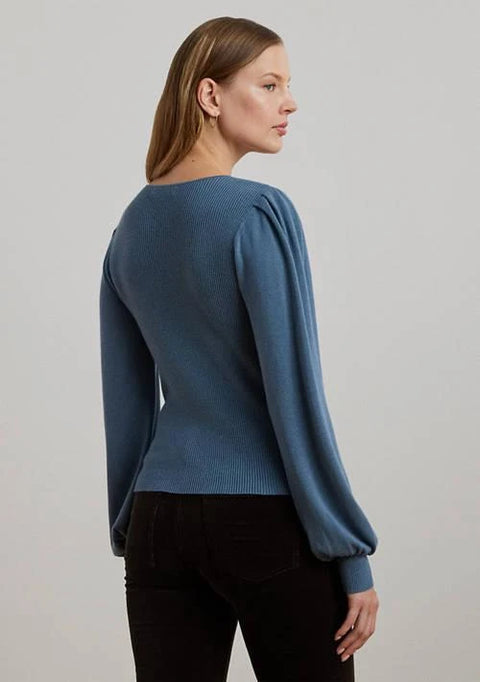 Lauren Ralph Lauren Women’s Washed Blue Cotton Blend Blouson Sleeve Sweater | Lauren Ralph Lauren In Lebanon