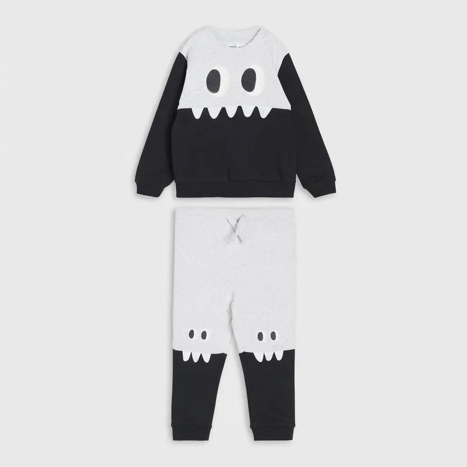 Sinsay Baby Boy's Light Grey and Black Cute Monster Graphics Sweatshirt and a Matching Sweatpants Set
