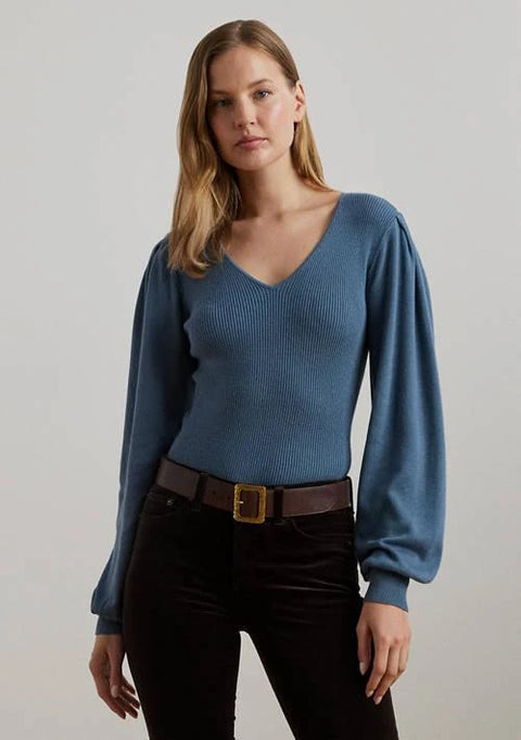 Lauren Ralph Lauren Women’s Washed Blue Cotton Blend Blouson Sleeve Sweater | Lauren Ralph Lauren In Lebanon