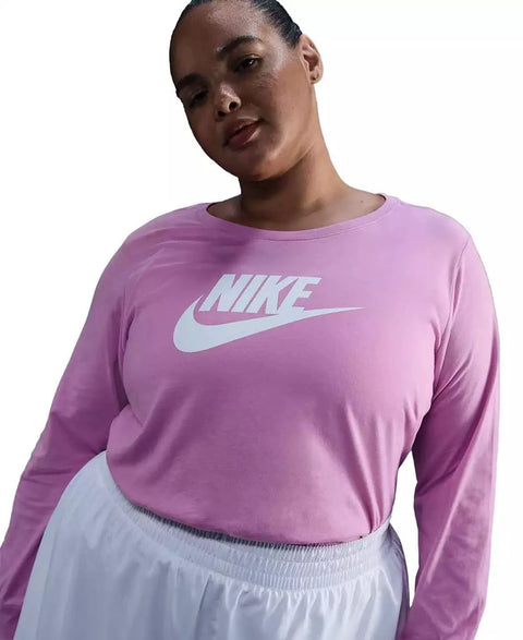 Nike Women's Pink Sportswear Club Plus Size Long-Sleeve Cotton Blouse | Nike In Lebanon