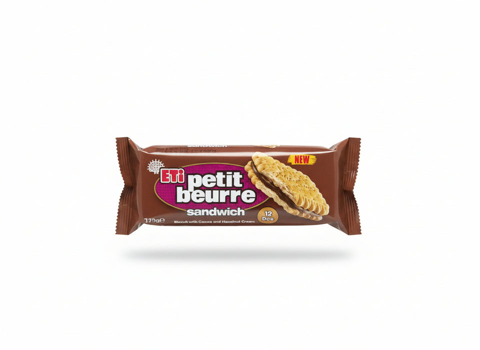 Packaged Petit Beurre sandwich cookies with colorful background