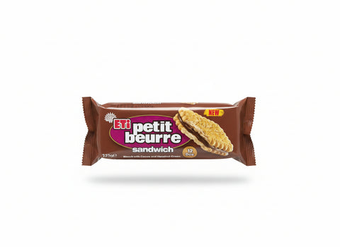 Packaged Petit Beurre sandwich cookies with colorful background