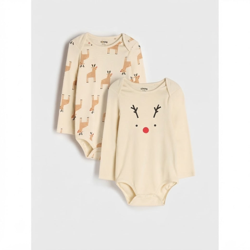 Sinsay Baby Boy's Beige Animal Printed 2 Pack Long Sleeve Bodysuits