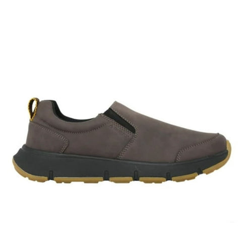 Gray slip-on shoe with black sole on a white background