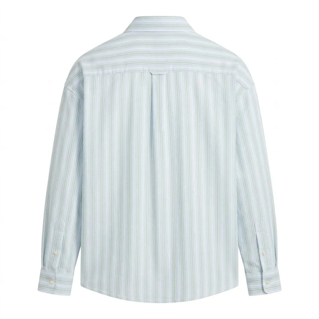 A light blue and white vertically striped long-sleeve button-down shirt shown from the back, photographed on a clean white background.