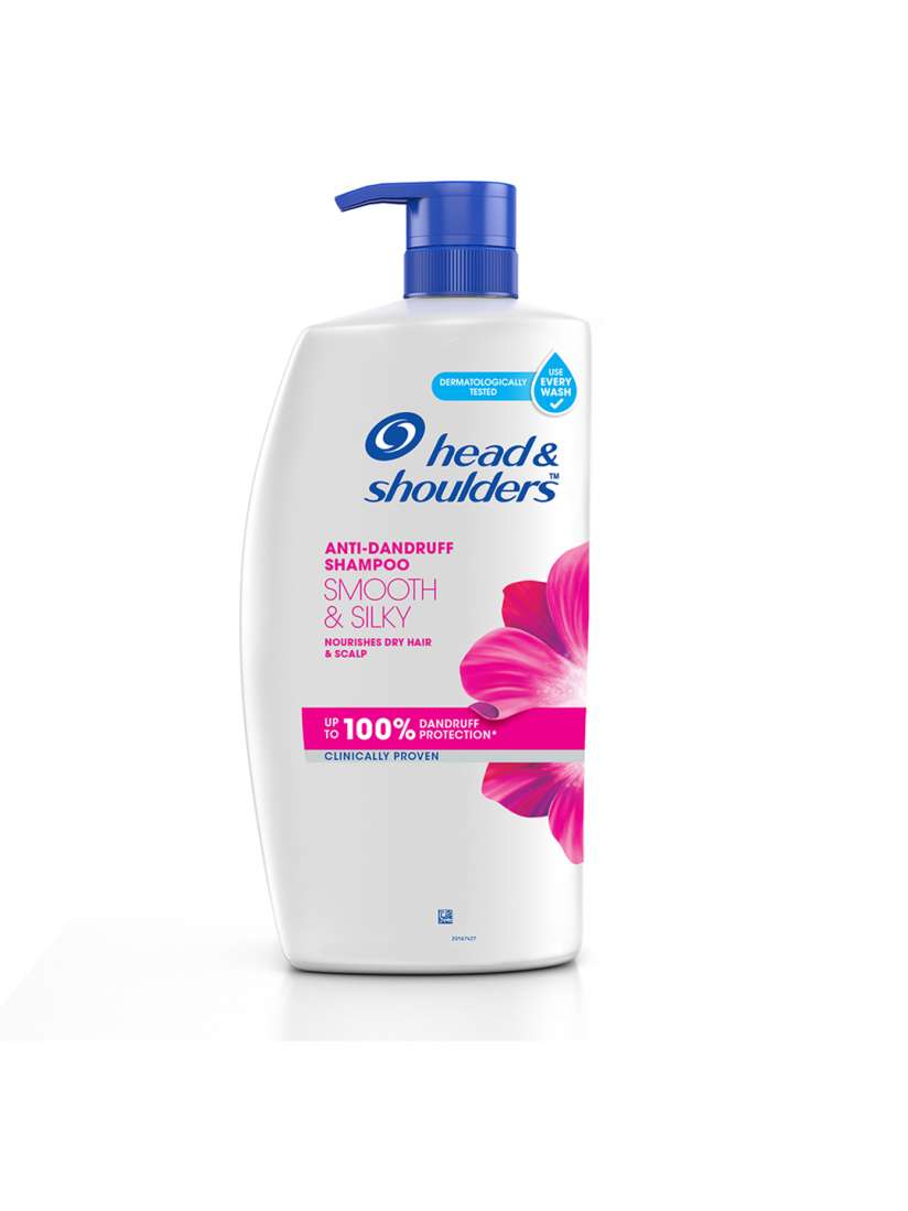 A bottle of Head & Shoulders Smooth & Silky Shampoo with a pump dispenser, predominantly white with blue and pink accents, and product information.