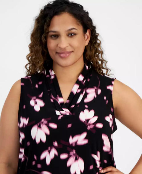 Anne Klein Women's Orchid Pink/Black Floral Triple Pleat Sleeveless V-Neck Blouse | Anne Klein In Lebanon