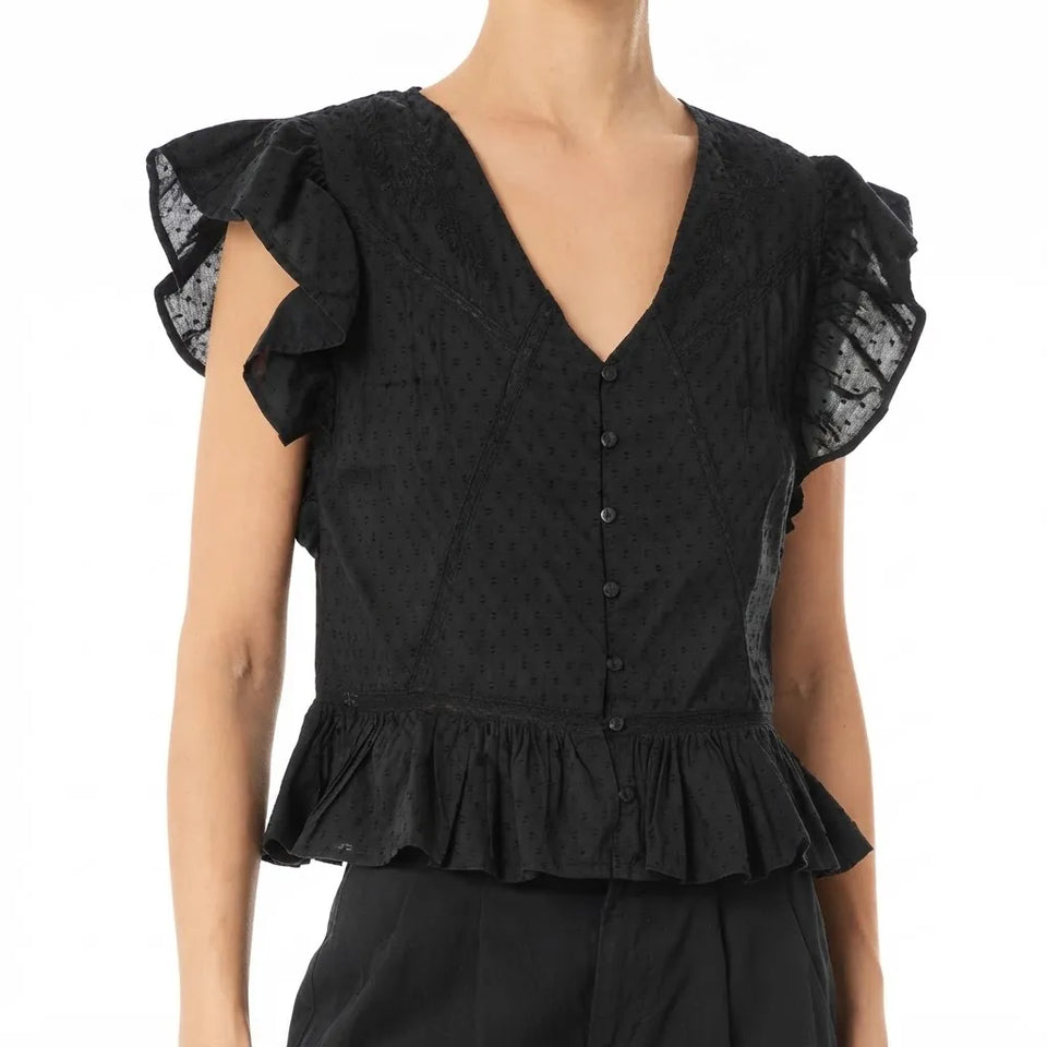 A black short-sleeve blouse with a deep V-neck, button-front closure, and ruffled sleeves with sheer lace inserts, shown on a model against a white background.