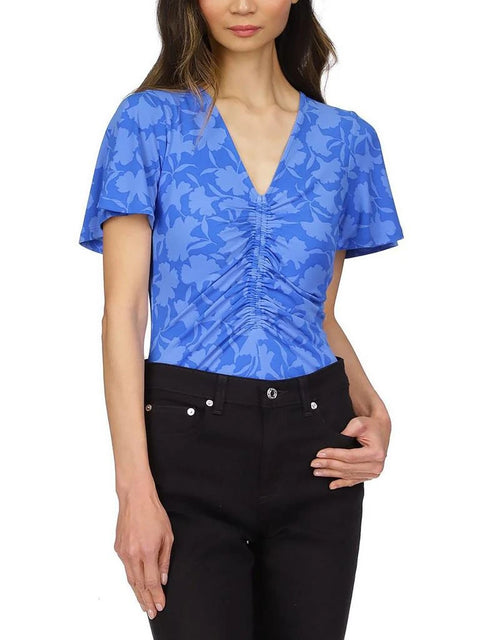 Michael Kors Women's Blue Printed Ruched Pullover Blouse |Michael Kors In Lebanon