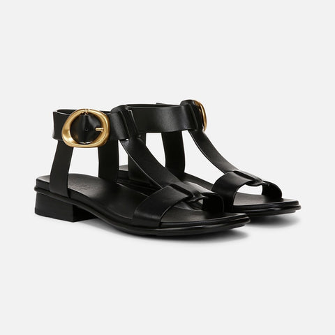 Black sandals with gold buckles on a light gray background