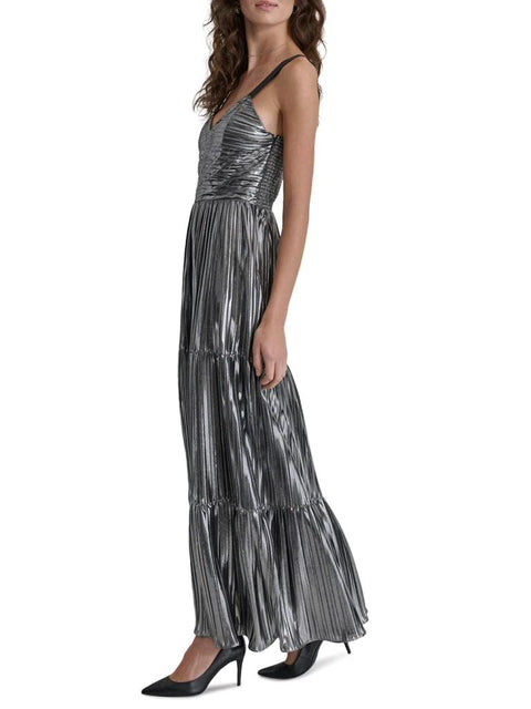 DKNY Women's Silver Foil Plissé V-Neck Sleeveless Maxi Dress | DKNY In Lebanon