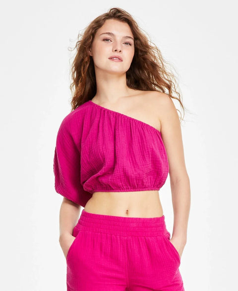 DKNY Jeans Women's Fuchsia One-Shoulder Cropped Top | DKNY In Lebanon